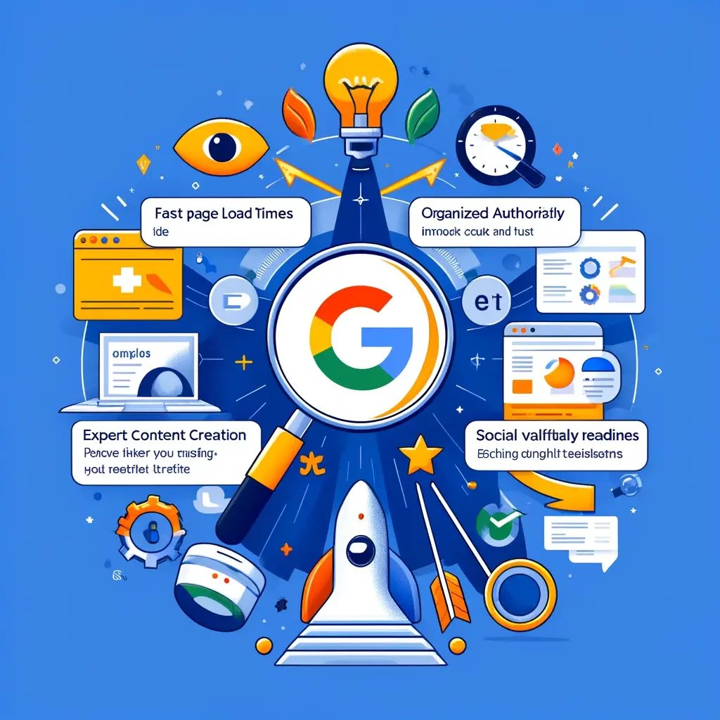 DALL·E 2024-06-12 18.04.37 - An image depicting Googles guidance for publishers to improve their sites E-E-A-T (Experience, Expertise, Authoritativeness, and Trust) to increase 